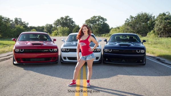 Skylar Baggett with Red, White, and Blue Dodge Challengers