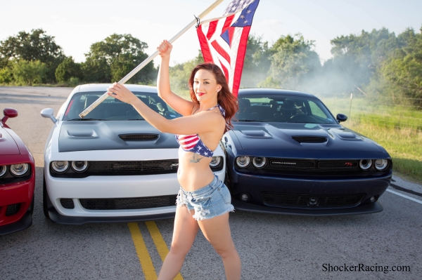 Skylar Baggett with Red, White, and Blue Dodge Challengers