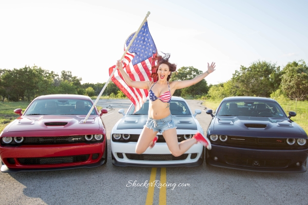 Skylar Baggett with Red, White, and Blue Dodge Challengers