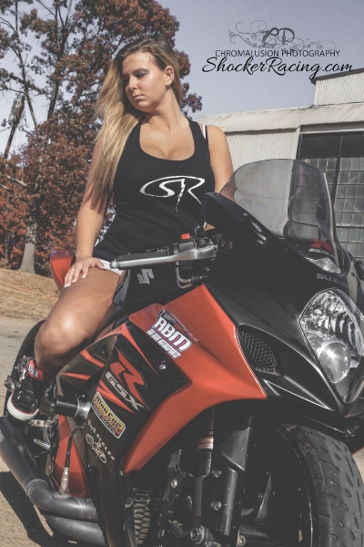 Ruth Harris with her Hayabusa drag bike for ShockerRacingGirls