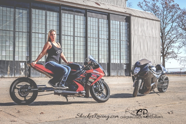 Ruth Harris with her Hayabusa drag bike for ShockerRacingGirls