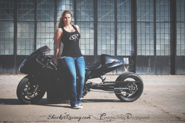 Ruth Harris with her Hayabusa drag bike for ShockerRacingGirls