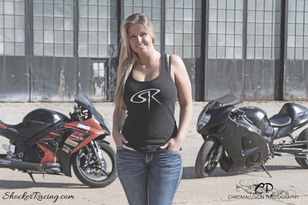 Ruth Harris with her Hayabusa drag bike for ShockerRacingGirls