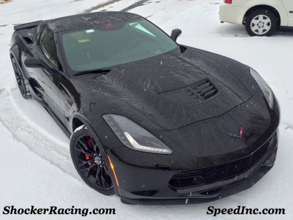 ShockerRacing's C7 Z06 pulling into the shop at Speed Inc in the snow